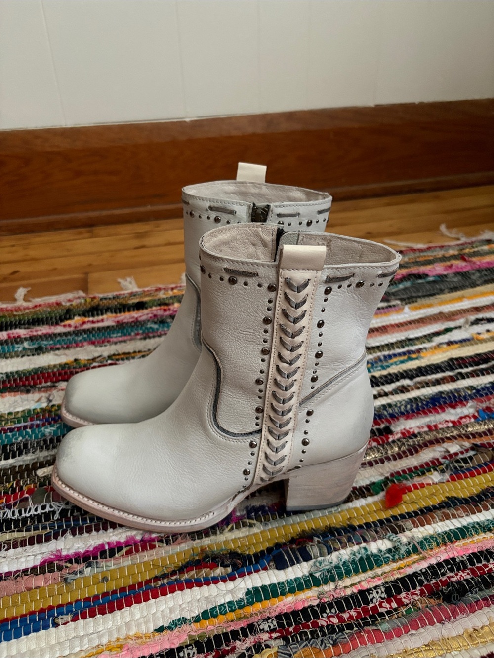 Freebird  Ivory Leather Studded Braided Ankle Boots